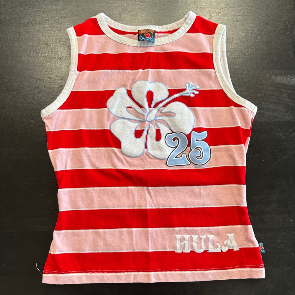 Big Flirt Womens Y2K Sparkly Hibiscus Hula Striped Baby Tank Top Small Beach